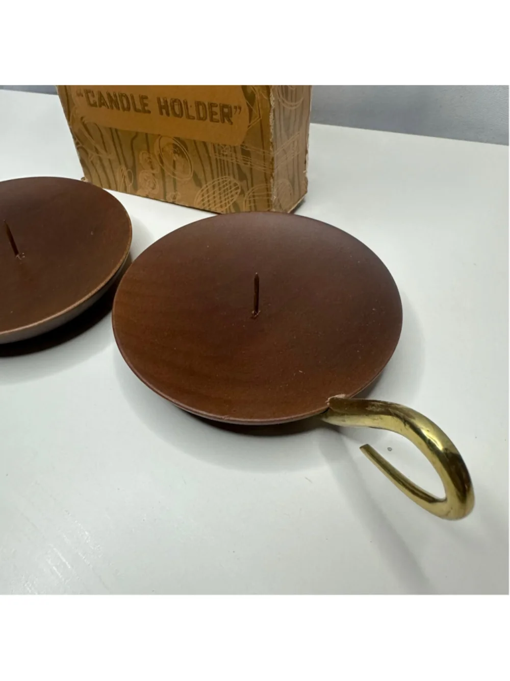 New Vintage Mid-Century Woodpecker Woodware Candle Holders Pair w Original Box